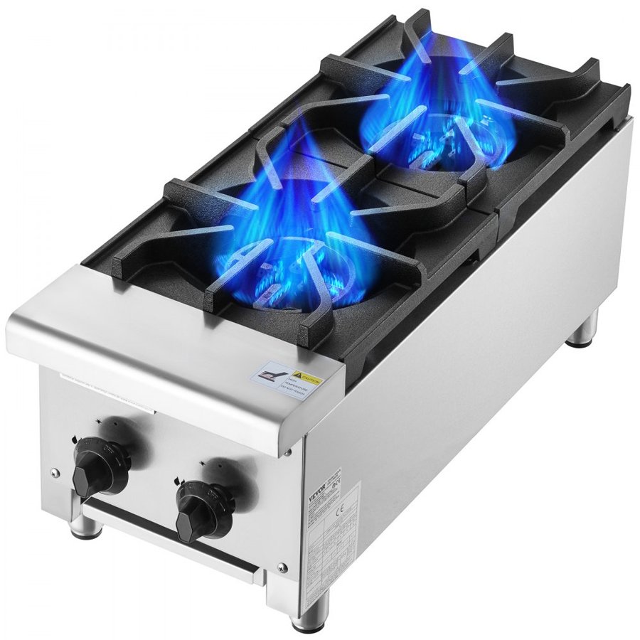VEVOR Commercial Gas Stove with 2 Burners, Propane and Natural Gas Countertop Cooking Stove Range, Stainless Steel Gas Hot Plate, Commercial Cooking Equipment for Restaurant, 14KW