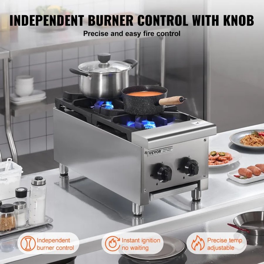 VEVOR Commercial Gas Stove with 2 Burners, Propane and Natural Gas Countertop Cooking Stove Range, Stainless Steel Gas Hot Plate, Commercial Cooking Equipment for Restaurant, 14KW