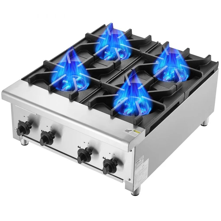 VEVOR Commercial Gas Stove with 4 Burners, Propane and Natural Gas Countertop Cooking Stove Range, Stainless Steel Gas Hot Plate, Commercial Cooking Equipment for Restaurant, 28KW