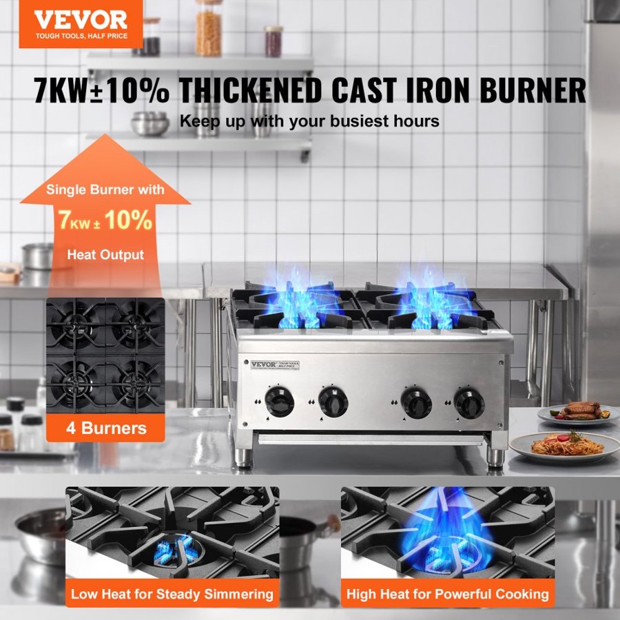 VEVOR Commercial Gas Stove with 4 Burners, Propane and Natural Gas Countertop Cooking Stove Range, Stainless Steel Gas Hot Plate, Commercial Cooking Equipment for Restaurant, 28KW