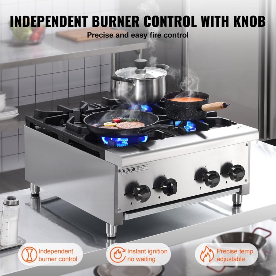 VEVOR Commercial Gas Stove with 4 Burners, Propane and Natural Gas Countertop Cooking Stove Range, Stainless Steel Gas Hot Plate, Commercial Cooking Equipment for Restaurant, 28KW