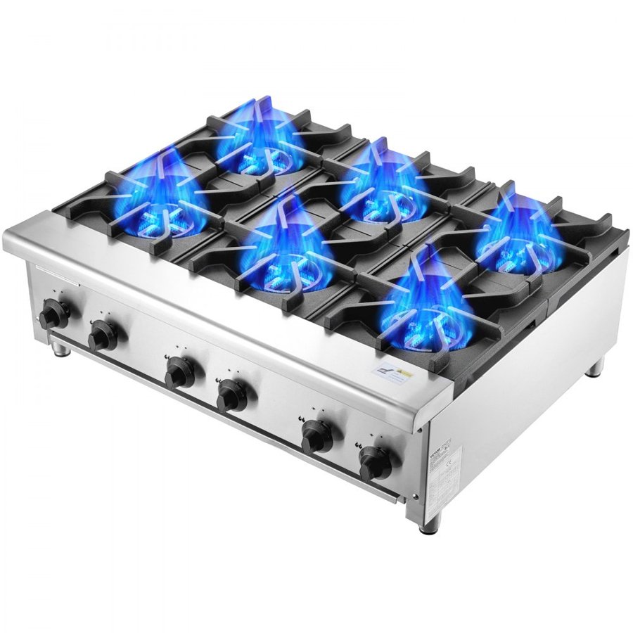 VEVOR Commercial Gas Stove with 6 Burners, Propane and Natural Gas Countertop Cooking Stove Range, Stainless Steel Gas Hot Plate, Commercial Cooking Equipment for Restaurant, 42KW