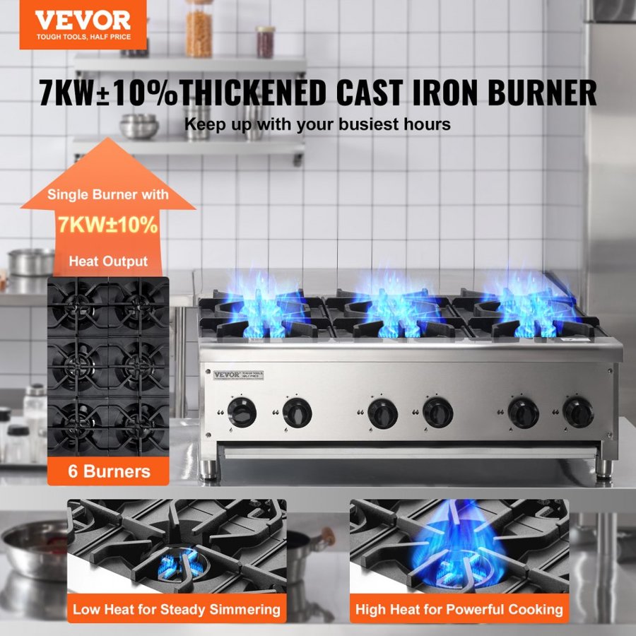 VEVOR Commercial Gas Stove with 6 Burners, Propane and Natural Gas Countertop Cooking Stove Range, Stainless Steel Gas Hot Plate, Commercial Cooking Equipment for Restaurant, 42KW