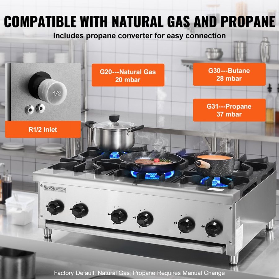 VEVOR Commercial Gas Stove with 6 Burners, Propane and Natural Gas Countertop Cooking Stove Range, Stainless Steel Gas Hot Plate, Commercial Cooking Equipment for Restaurant, 42KW