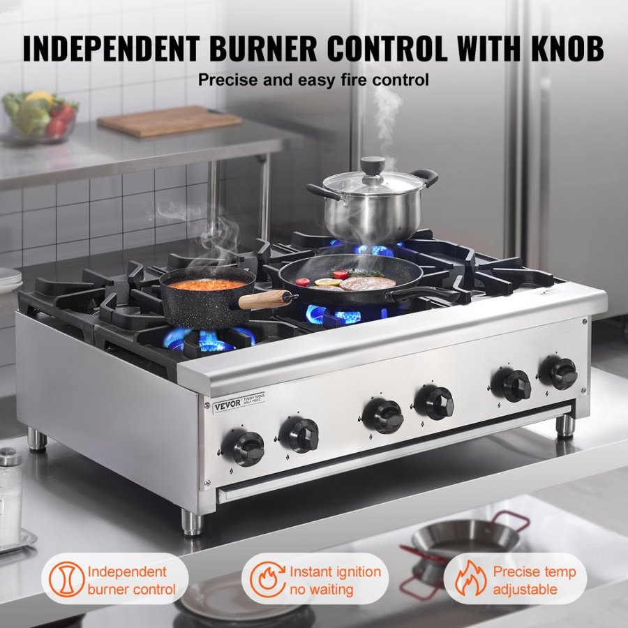 VEVOR Commercial Gas Stove with 6 Burners, Propane and Natural Gas Countertop Cooking Stove Range, Stainless Steel Gas Hot Plate, Commercial Cooking Equipment for Restaurant, 42KW