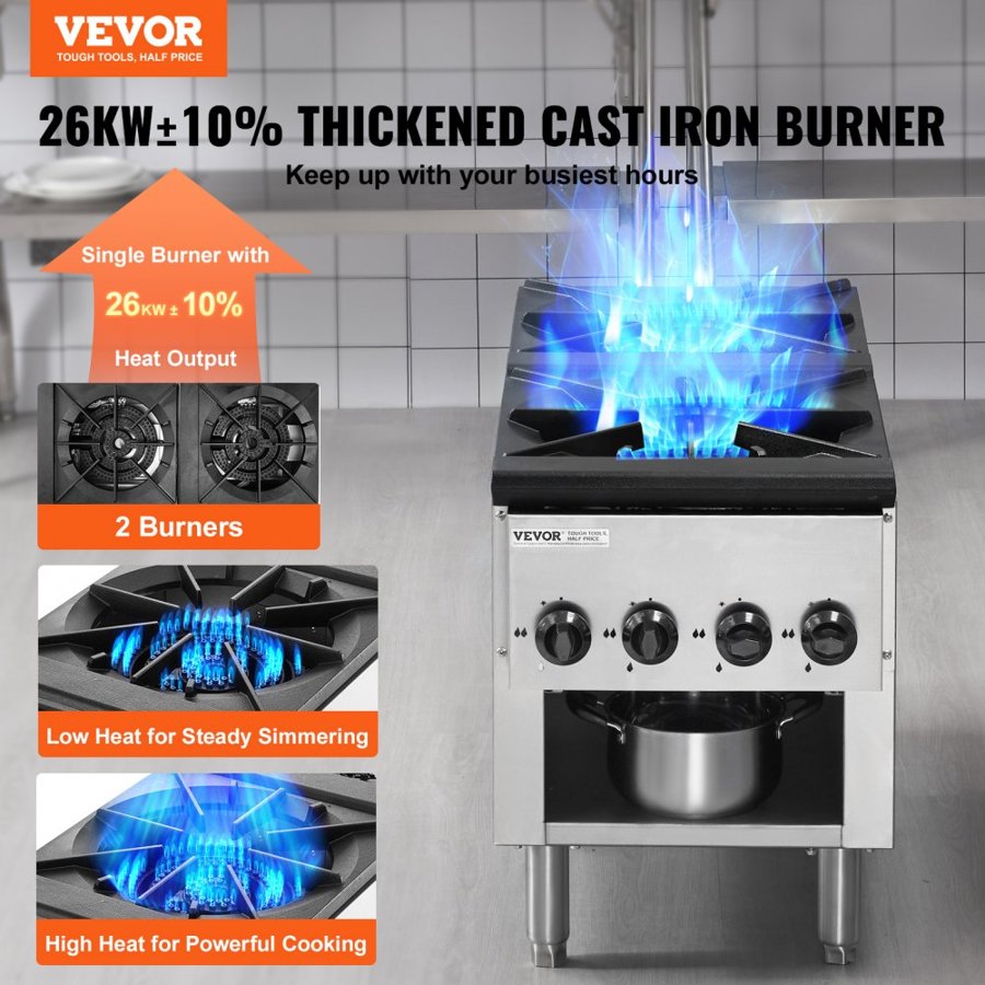 VEVOR Commercial Gas Stove with 2 Burners, Propane and Natural Gas Countertop Cooking Stove Range, Stainless Steel Gas Hot Plate, Commercial Cooking Equipment for Restaurant, 52KW