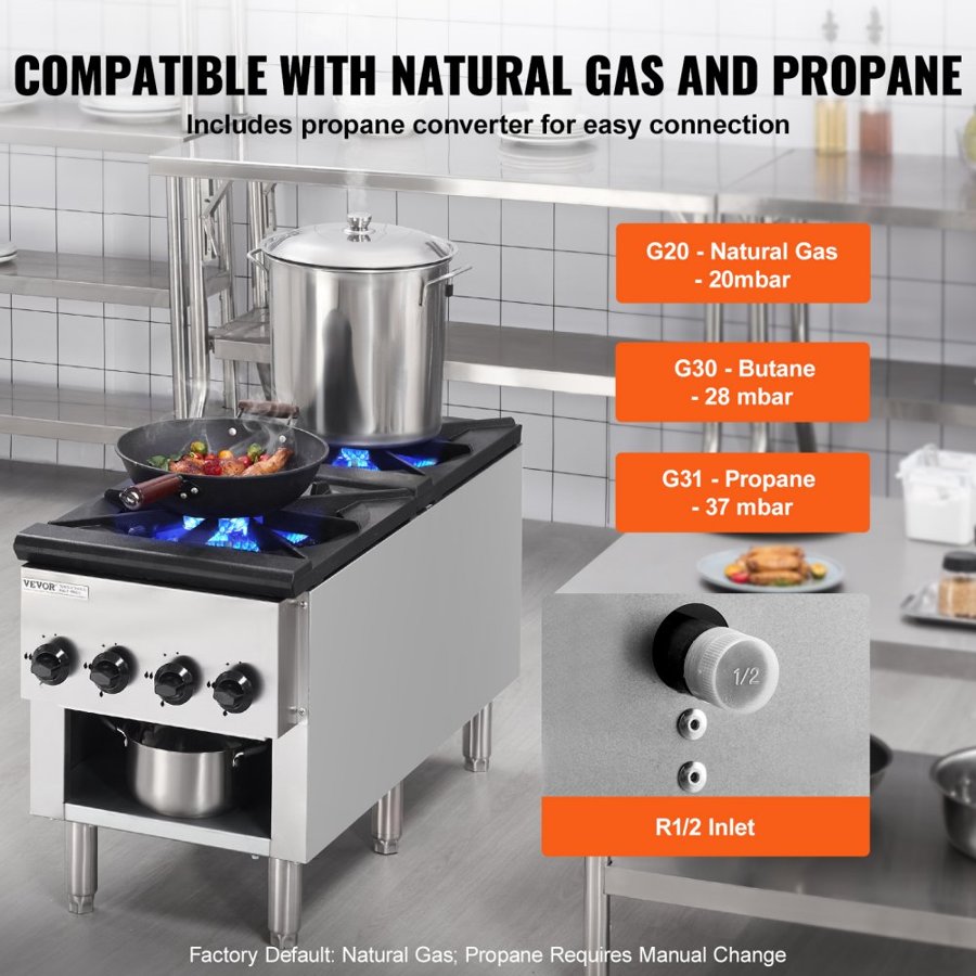 VEVOR Commercial Gas Stove with 2 Burners, Propane and Natural Gas Countertop Cooking Stove Range, Stainless Steel Gas Hot Plate, Commercial Cooking Equipment for Restaurant, 52KW