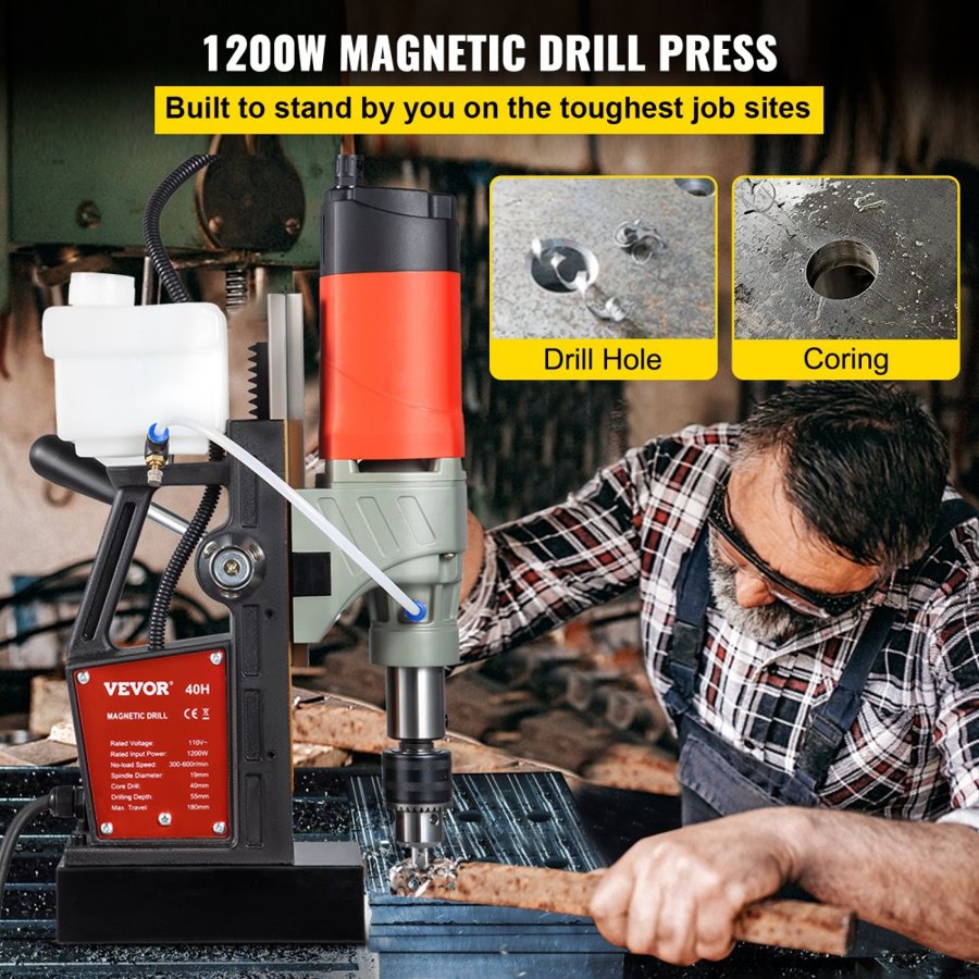 VEVOR Magnetic Base Drill – 1200W, 1.57", 2922 lbf, 580 RPM