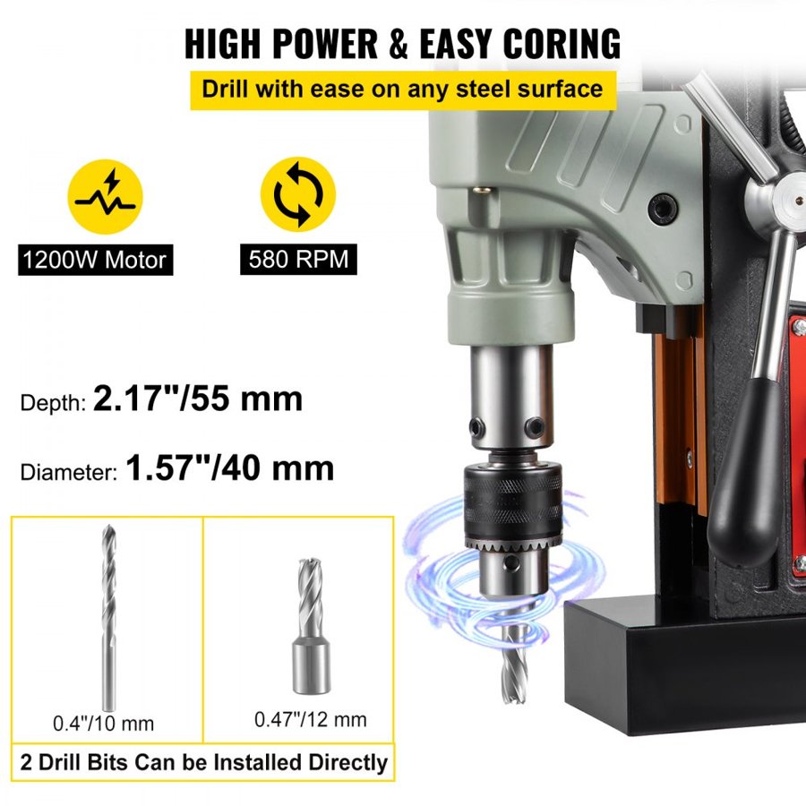 VEVOR Magnetic Base Drill – 1200W, 1.57", 2922 lbf, 580 RPM