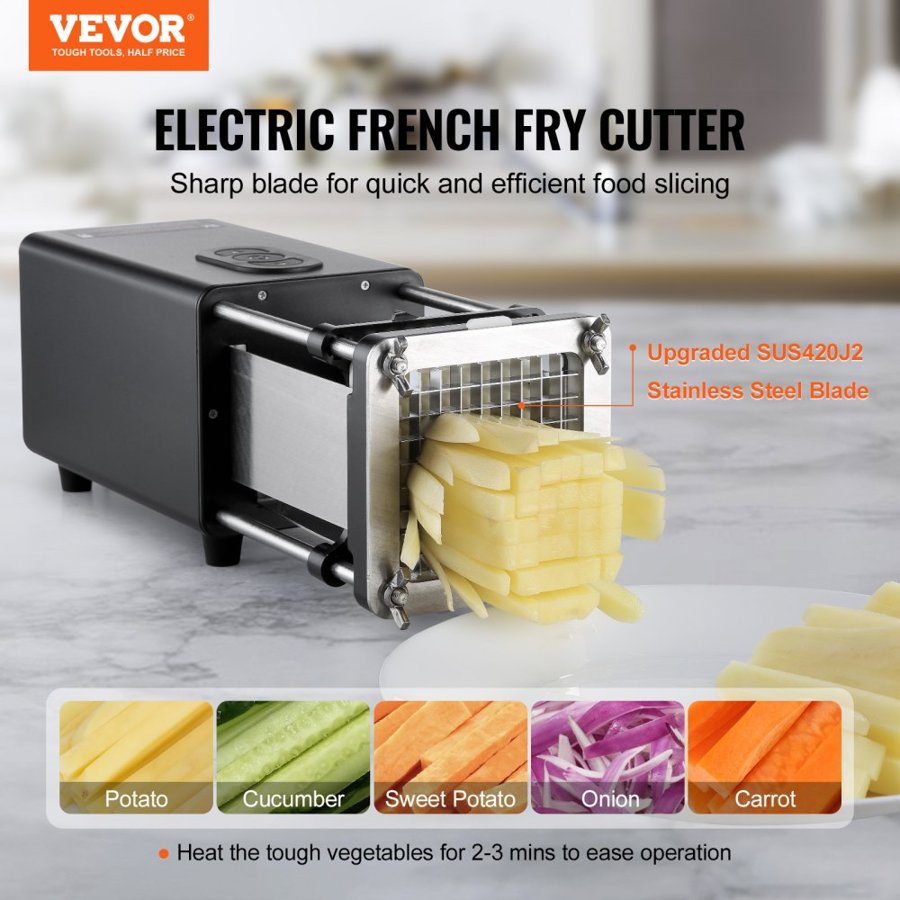 VEVOR Electric French Fry Cutter, Potato Slicer with 1/2-Inch and 3/8-Inch Stainless Steel Blades, Potato Cutter Chopper w/ Anti-slip Feet, Great for Potato, French Fries, Cucumber, Vegetables, Carrot