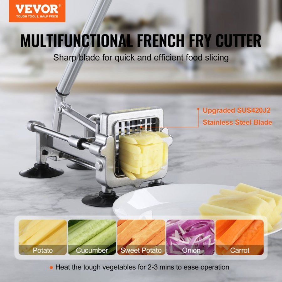 VEVOR French Fry Cutter, Potato Slicer with 1/2" 3/8" 1/4" Stainless Steel Blades, Manual Potato Cutter Chopper with Suction Cups, Great for Potato, French Fries, Cucumber, Vegetables, Carrot