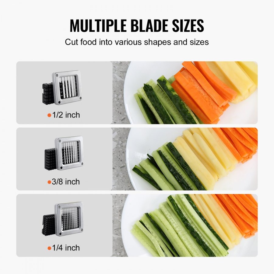VEVOR French Fry Cutter, Potato Slicer with 1/2" 3/8" 1/4" Stainless Steel Blades, Manual Potato Cutter Chopper with Suction Cups, Great for Potato, French Fries, Cucumber, Vegetables, Carrot