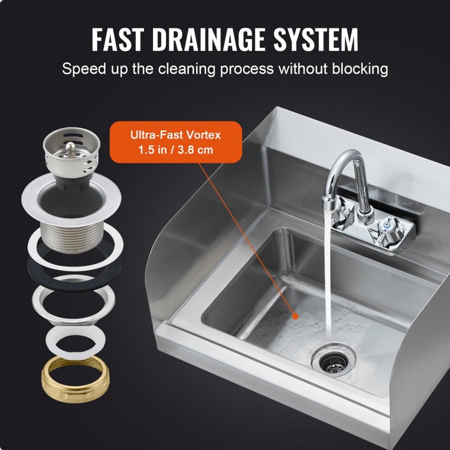 VEVOR Commercial Hand Sink with Faucet and Side Splash, Stainless Steel Sink for Washing, Small Hand Washing Sink, Wall Mount Hand Basin for Restaurant, Kitchen, Bar, Garage and Home, 17x12.8 inch