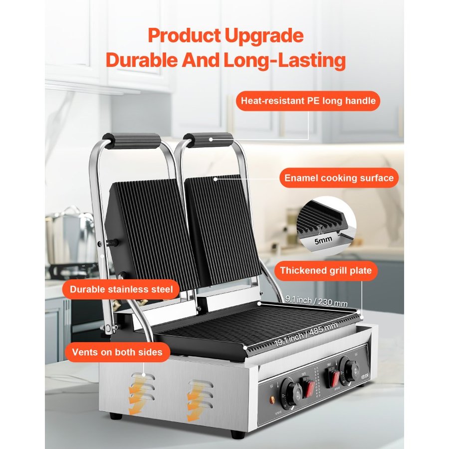 VEVOR Commercial Panini Grill, 3600W Electric Sandwich Panini Maker, Stainless Steel Double Sandwich Press, Panini Grill Temp Control, 48x23cm Full Grooved Enamel Plate, for Hamburger Steak Bacon