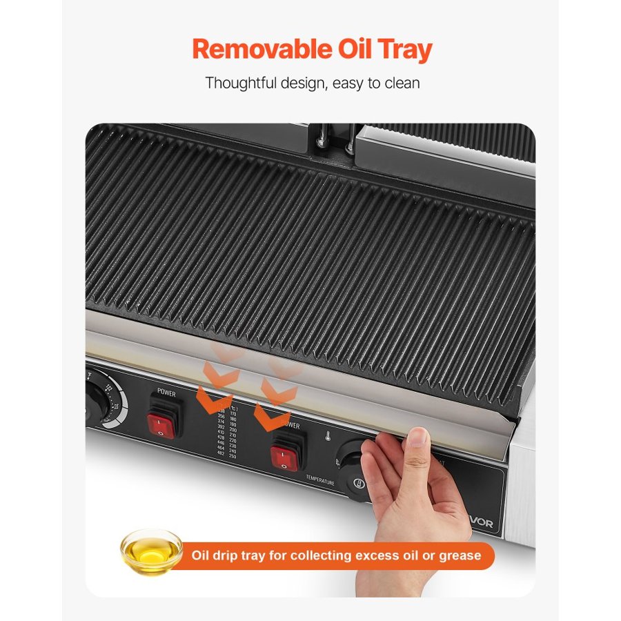 VEVOR Commercial Panini Grill, 3600W Electric Sandwich Panini Maker, Stainless Steel Double Sandwich Press, Panini Grill Temp Control, 48x23cm Full Grooved Enamel Plate, for Hamburger Steak Bacon