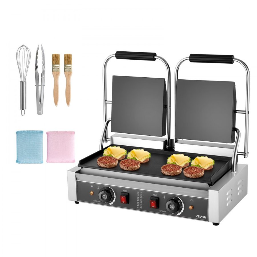 VEVOR Commercial Panini Grill, 3600W Electric Sandwich Panini Maker, Stainless Steel Double Sandwich Press, Panini Grill with Temp Control, 48x23cm Full Flat Enamel Plate, for Hamburger Steak Bacon