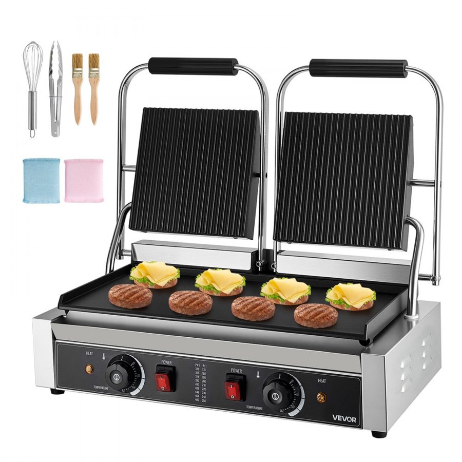 VEVOR Commercial Panini Grill, 3600W Electric Sandwich Panini Maker, Stainless Steel Double Sandwich Press Grill, Panini Grill with Temp Control, 48x23cm Flat Enamel Plate for Hamburger Steak Bacon
