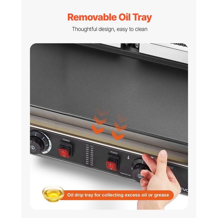 VEVOR Commercial Panini Grill, 3600W Electric Sandwich Panini Maker, Stainless Steel Double Sandwich Press Grill, Panini Grill with Temp Control, 48x23cm Flat Enamel Plate for Hamburger Steak Bacon