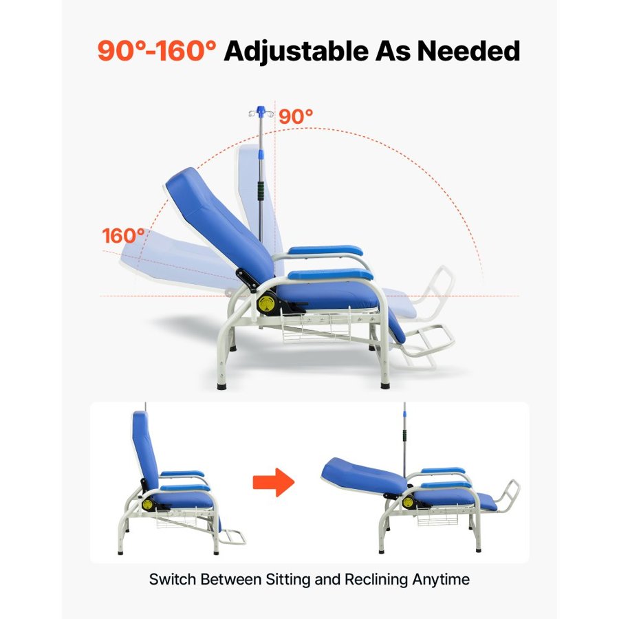 VEVOR Infusion Chair with IV Pole 90°-160° Reclining Phlebotomy Chair, 180kg Capacity Medical Infusion Recliner with Soft Padded Seat, Footrest & Storage Basket for Blood Draw, IV Transfusion