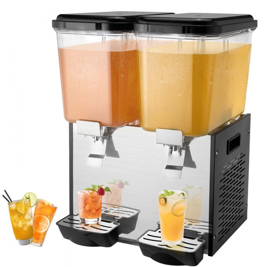 VEVOR Commercial Beverage Dispenser, 2 Tanks 18 L Per Tank Juice Dispenser, 370W Stainless Steel Ice Tea Drink Machine with 45°F-54°F Cooling Temperature, for Cold Drink Restaurant Bar Party