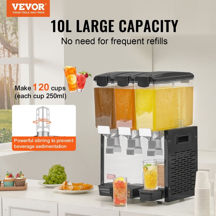 VEVOR Commercial Beverage Dispenser, 3 Tanks 10 L Per Tank Juice Dispenser, 440W Stainless Steel Ice Tea Drink Machine with 45°F-54°F Cooling Temperature, for Cold Drink Restaurant Bar Party