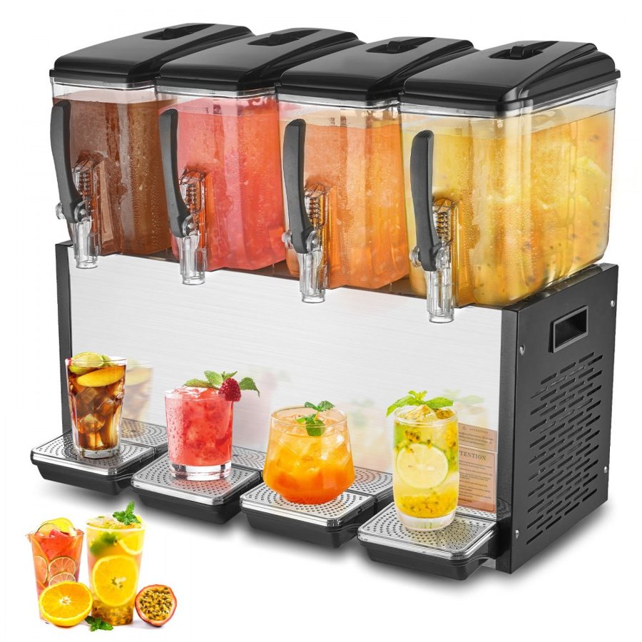 VEVOR Commercial Beverage Dispenser, 4 Tanks 12 L Per Tank Juice Dispenser, 510W Stainless Steel Ice Tea Drink Machine with 45°F-54°F Cooling Temperature, for Cold Drink Restaurant Bar Party