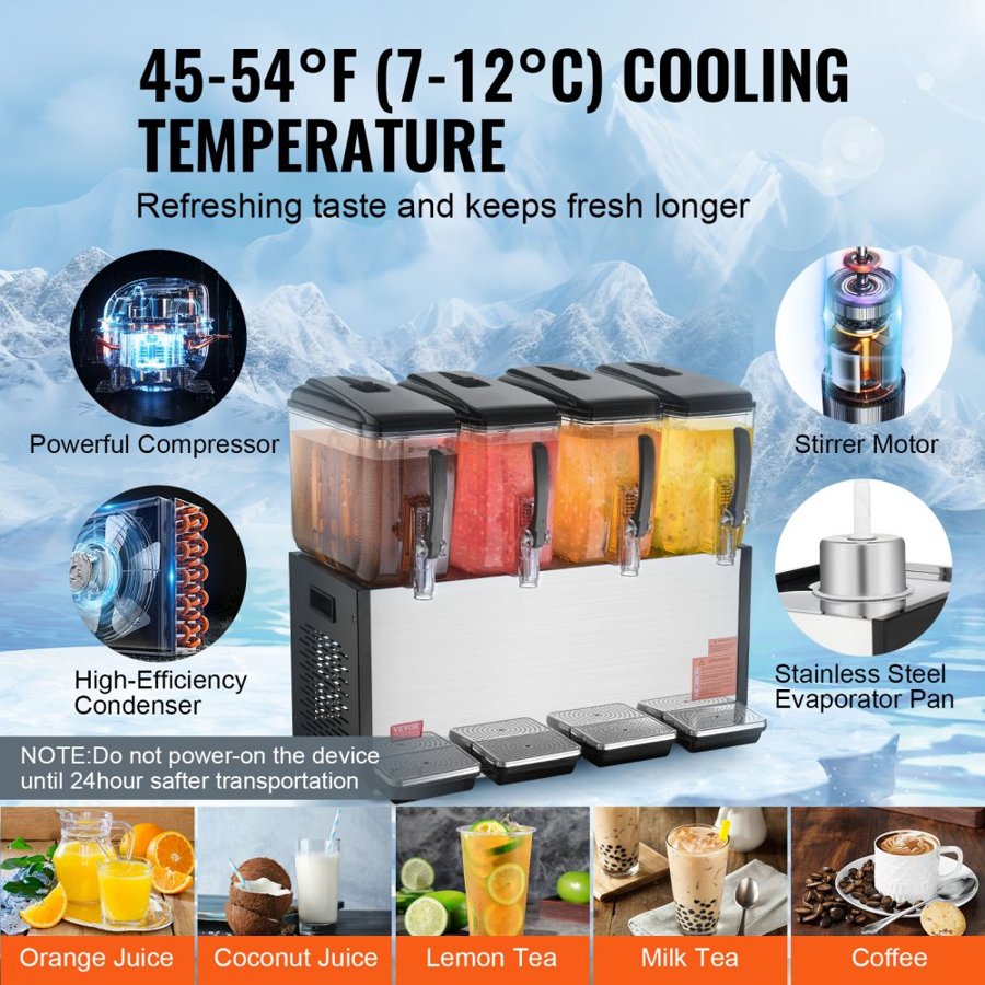 VEVOR Commercial Beverage Dispenser, 4 Tanks 12 L Per Tank Juice Dispenser, 510W Stainless Steel Ice Tea Drink Machine with 45°F-54°F Cooling Temperature, for Cold Drink Restaurant Bar Party
