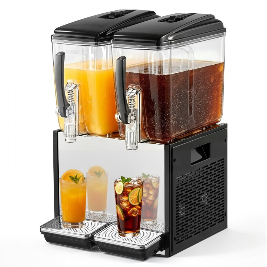 VEVOR Commercial Beverage Dispenser 2 Tanks 12 L / 12.7 QT Per Tank, Stainless Steel Juice Dispenser, Ice Tea Drink Machine with 7℃ to 12℃ Cooling Temperature, for Cold Drink Restaurant Bar Party