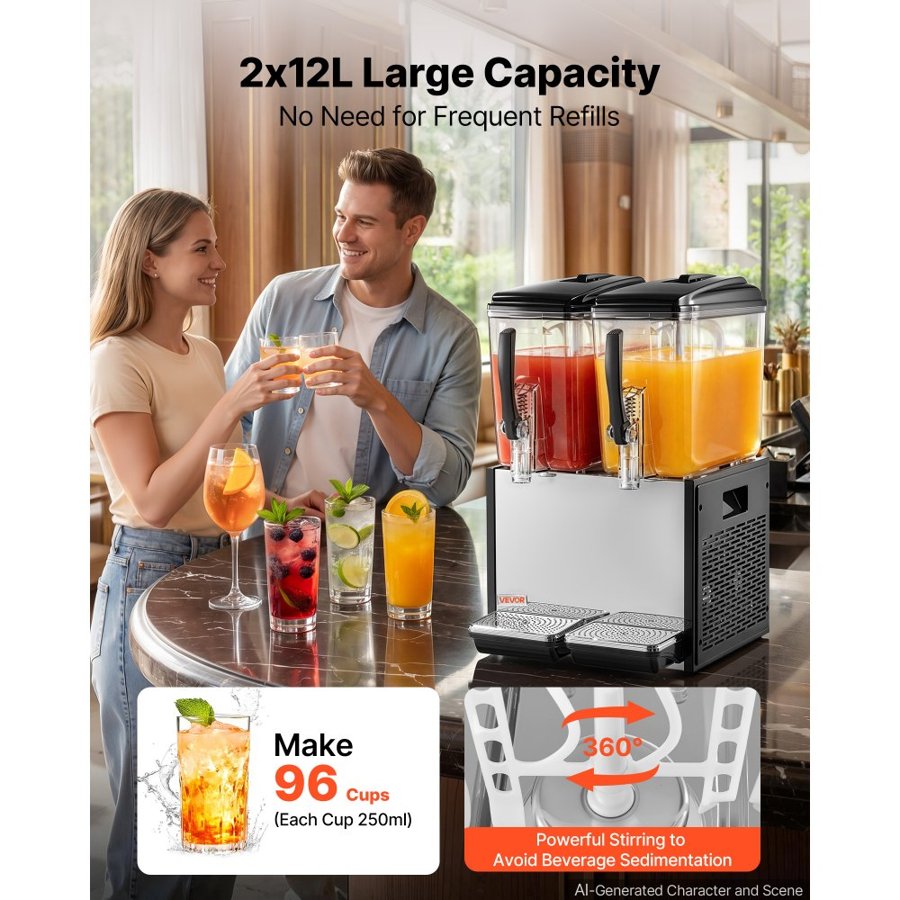 VEVOR Commercial Beverage Dispenser 2 Tanks 12 L / 12.7 QT Per Tank, Stainless Steel Juice Dispenser, Ice Tea Drink Machine with 7℃ to 12℃ Cooling Temperature, for Cold Drink Restaurant Bar Party