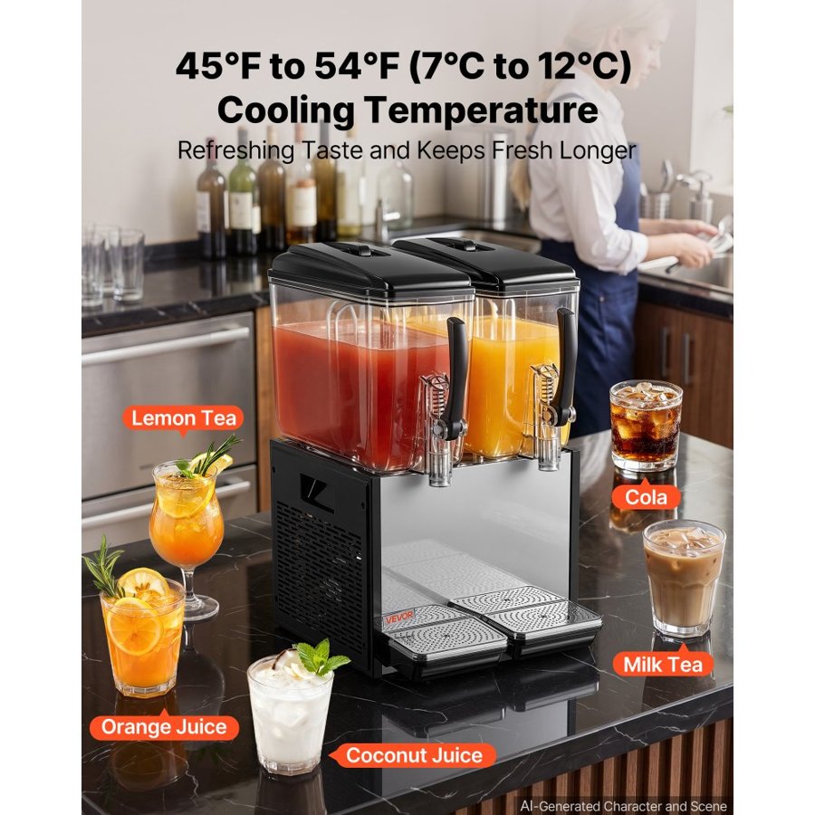 VEVOR Commercial Beverage Dispenser 2 Tanks 12 L / 12.7 QT Per Tank, Stainless Steel Juice Dispenser, Ice Tea Drink Machine with 7℃ to 12℃ Cooling Temperature, for Cold Drink Restaurant Bar Party