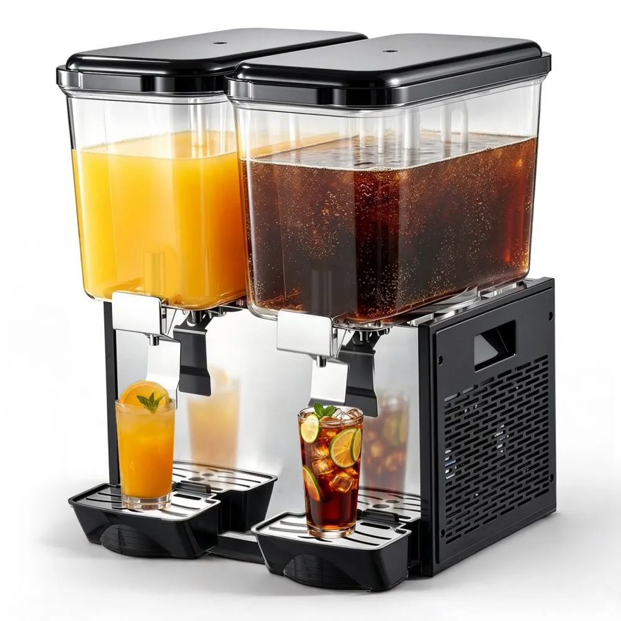 VEVOR Commercial Beverage Dispenser 2 Tanks 18 L / 19 QT Per Tank, Stainless Steel Juice Dispenser, Ice Tea Drink Machine with 7℃ to 12℃ Cooling Temperature, for Cold Drink Restaurant Bar Party
