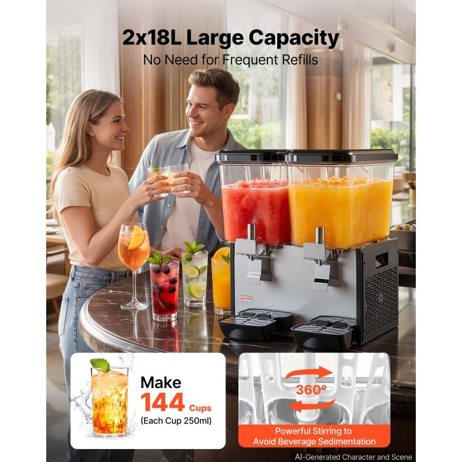 VEVOR Commercial Beverage Dispenser 2 Tanks 18 L / 19 QT Per Tank, Stainless Steel Juice Dispenser, Ice Tea Drink Machine with 7℃ to 12℃ Cooling Temperature, for Cold Drink Restaurant Bar Party