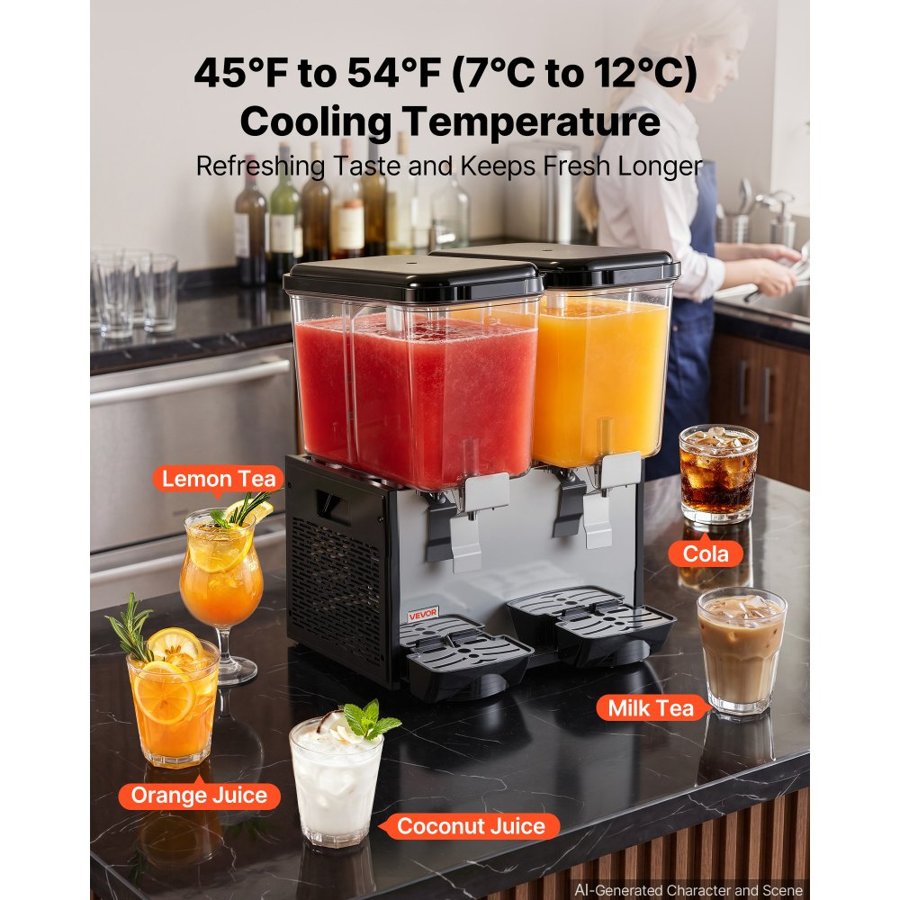 VEVOR Commercial Beverage Dispenser 2 Tanks 18 L / 19 QT Per Tank, Stainless Steel Juice Dispenser, Ice Tea Drink Machine with 7℃ to 12℃ Cooling Temperature, for Cold Drink Restaurant Bar Party