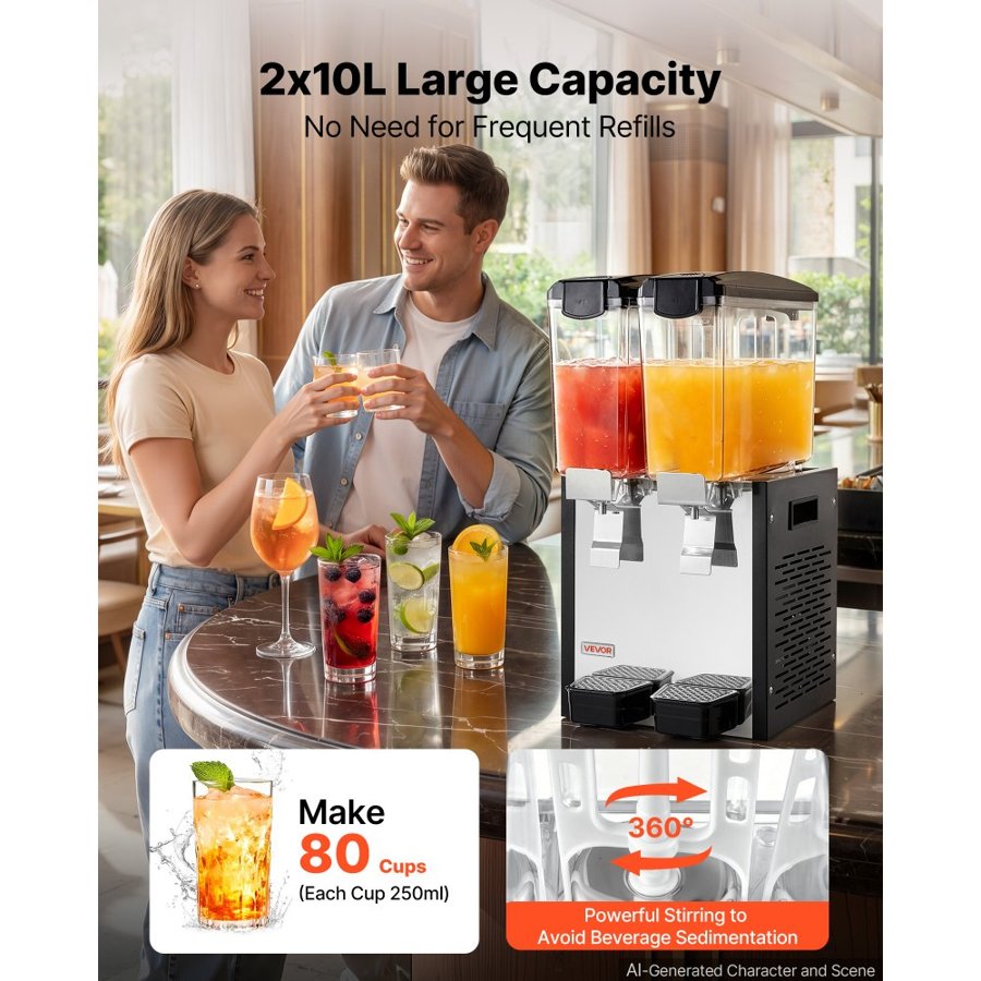 VEVOR Commercial Beverage Dispenser 2 Tanks 10 L / 10.6 QT Per Tank, Stainless Steel Juice Dispenser, Ice Tea Drink Machine with 7℃ to 12℃ Cooling Temperature, for Cold Drink Restaurant Bar Party