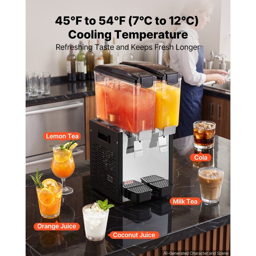 VEVOR Commercial Beverage Dispenser 2 Tanks 10 L / 10.6 QT Per Tank, Stainless Steel Juice Dispenser, Ice Tea Drink Machine with 7℃ to 12℃ Cooling Temperature, for Cold Drink Restaurant Bar Party