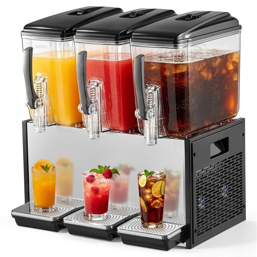 VEVOR Commercial Beverage Dispenser 3 Tanks 12 L / 12.7 QT Per Tank, Stainless Steel Juice Dispenser, Ice Tea Drink Machine with 7℃ to 12℃ Cooling Temperature, for Cold Drink Restaurant Bar Party