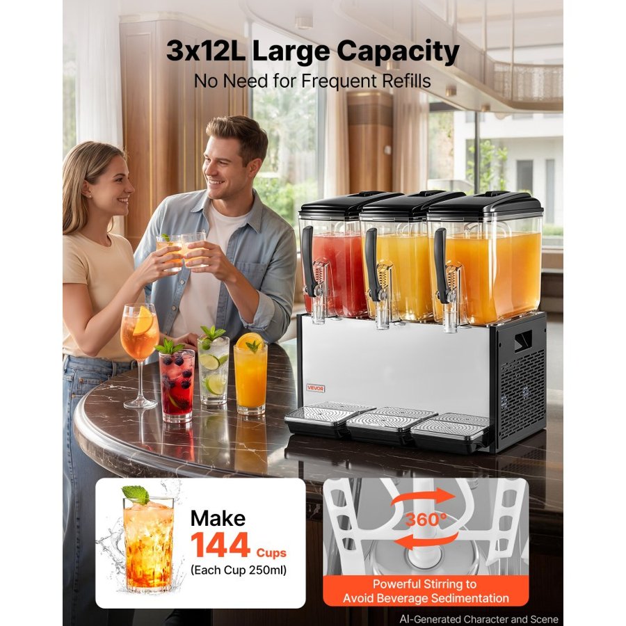 VEVOR Commercial Beverage Dispenser 3 Tanks 12 L / 12.7 QT Per Tank, Stainless Steel Juice Dispenser, Ice Tea Drink Machine with 7℃ to 12℃ Cooling Temperature, for Cold Drink Restaurant Bar Party