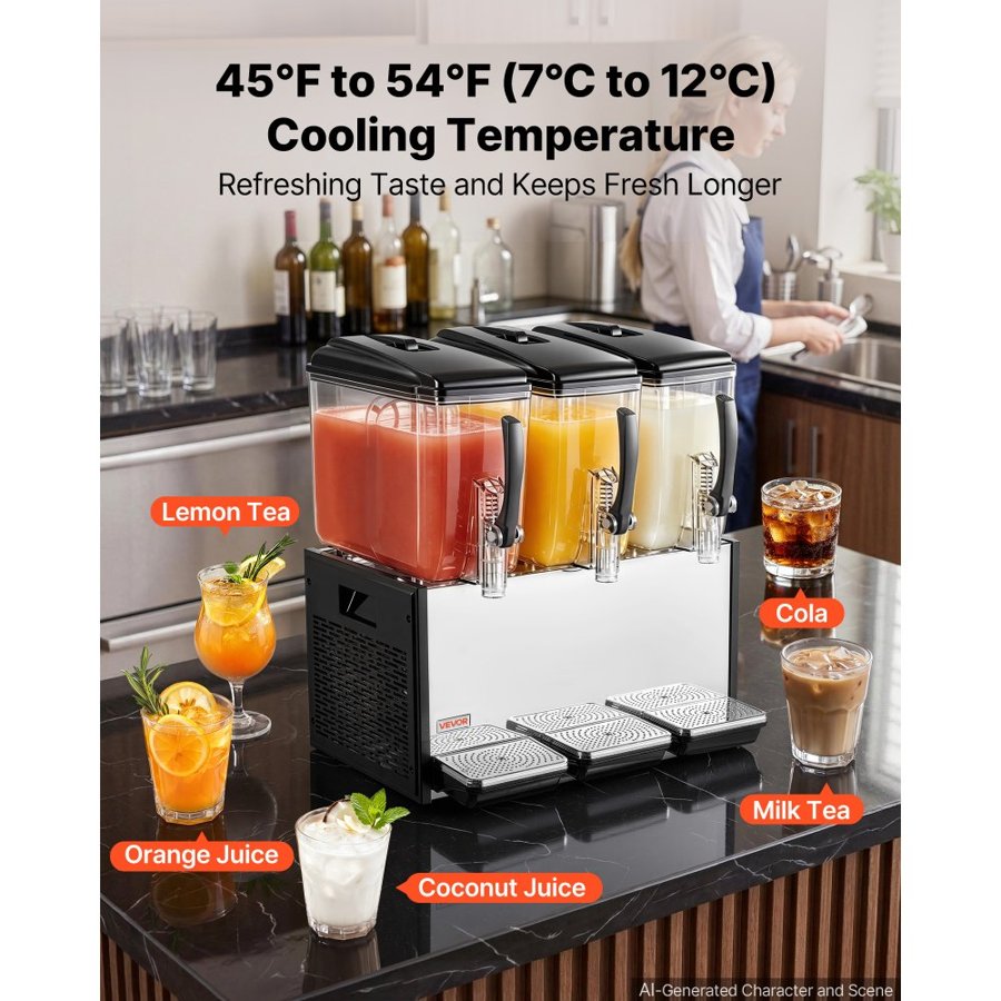 VEVOR Commercial Beverage Dispenser 3 Tanks 12 L / 12.7 QT Per Tank, Stainless Steel Juice Dispenser, Ice Tea Drink Machine with 7℃ to 12℃ Cooling Temperature, for Cold Drink Restaurant Bar Party