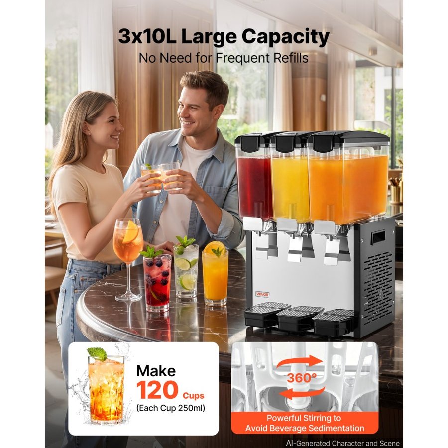 VEVOR Commercial Beverage Dispenser 3 Tanks 10 L / 10.6 QT Per Tank, Stainless Steel Juice Dispenser, Ice Tea Drink Machine with 7℃ to 12℃ Cooling Temperature, for Cold Drink Restaurant Bar Party