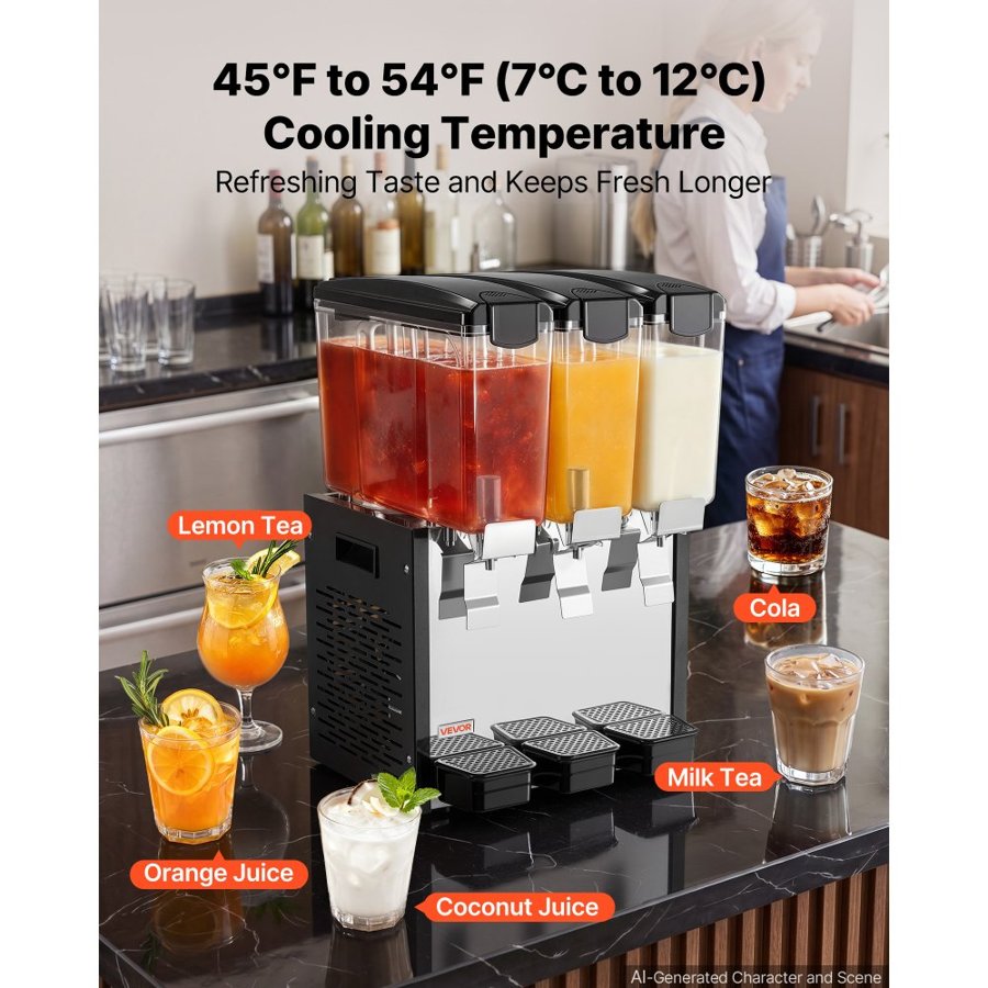 VEVOR Commercial Beverage Dispenser 3 Tanks 10 L / 10.6 QT Per Tank, Stainless Steel Juice Dispenser, Ice Tea Drink Machine with 7℃ to 12℃ Cooling Temperature, for Cold Drink Restaurant Bar Party