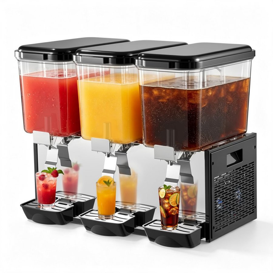 VEVOR Commercial Beverage Dispenser 3 Tanks 18 L / 19 QT Per Tank, Stainless Steel Juice Dispenser, Ice Tea Drink Machine with 7℃ to 12℃ Cooling Temperature, for Cold Drink Restaurant Bar Party