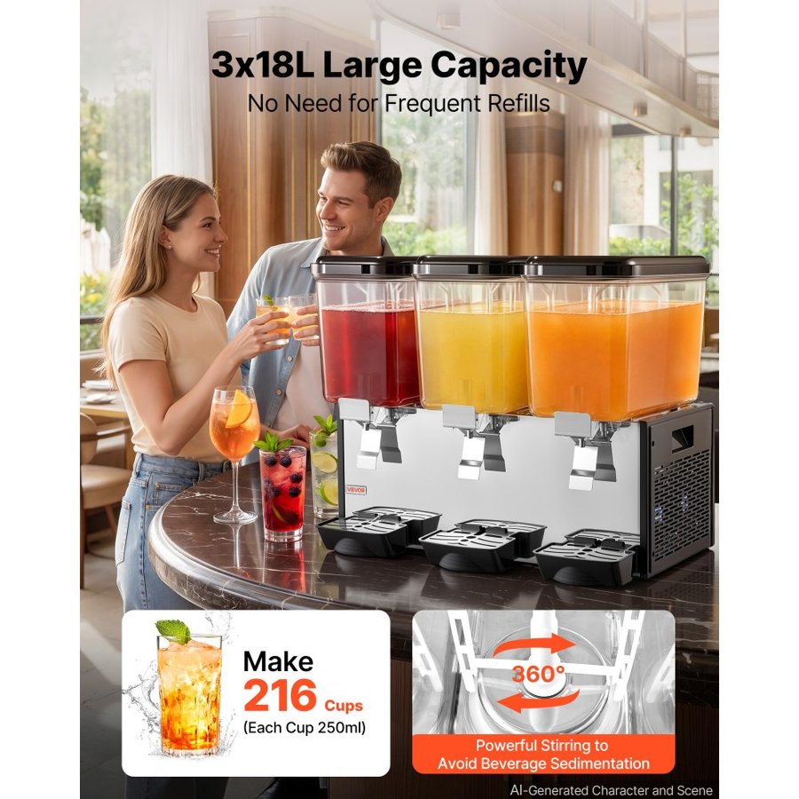 VEVOR Commercial Beverage Dispenser 3 Tanks 18 L / 19 QT Per Tank, Stainless Steel Juice Dispenser, Ice Tea Drink Machine with 7℃ to 12℃ Cooling Temperature, for Cold Drink Restaurant Bar Party