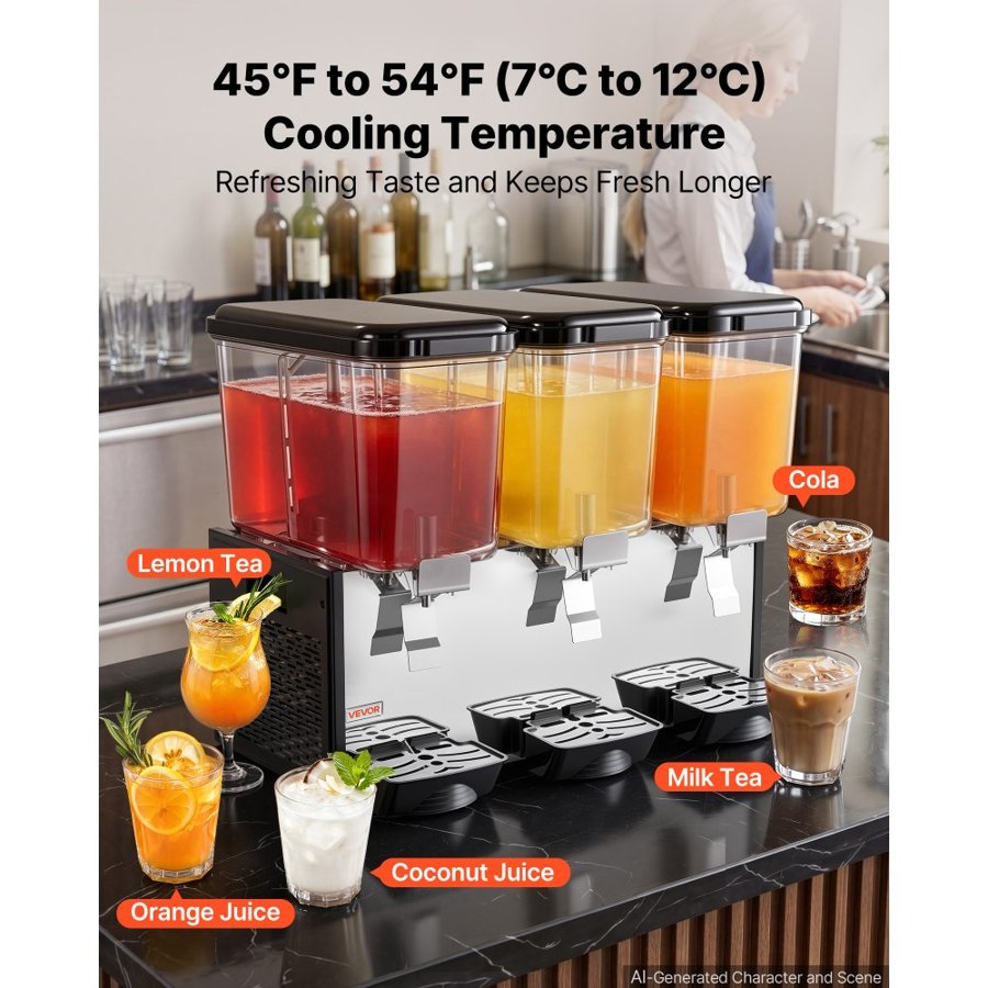 VEVOR Commercial Beverage Dispenser 3 Tanks 18 L / 19 QT Per Tank, Stainless Steel Juice Dispenser, Ice Tea Drink Machine with 7℃ to 12℃ Cooling Temperature, for Cold Drink Restaurant Bar Party