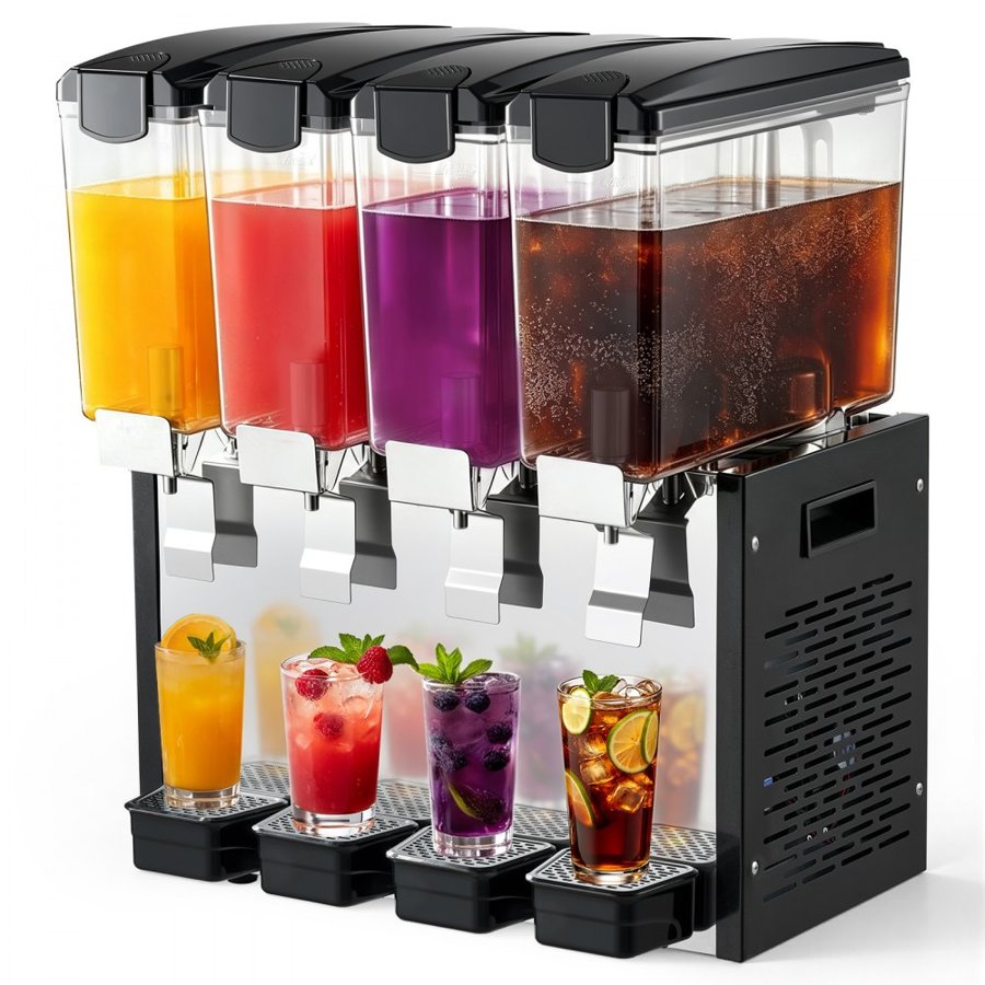 VEVOR Commercial Beverage Dispenser 4 Tanks 10 L / 10.6 QT Per Tank, Stainless Steel Juice Dispenser, Ice Tea Drink Machine with 7℃ to 12℃ Cooling Temperature, for Cold Drink Restaurant Bar Party