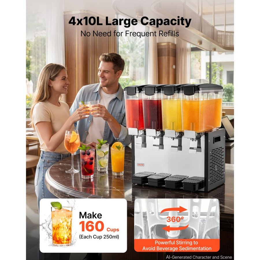VEVOR Commercial Beverage Dispenser 4 Tanks 10 L / 10.6 QT Per Tank, Stainless Steel Juice Dispenser, Ice Tea Drink Machine with 7℃ to 12℃ Cooling Temperature, for Cold Drink Restaurant Bar Party