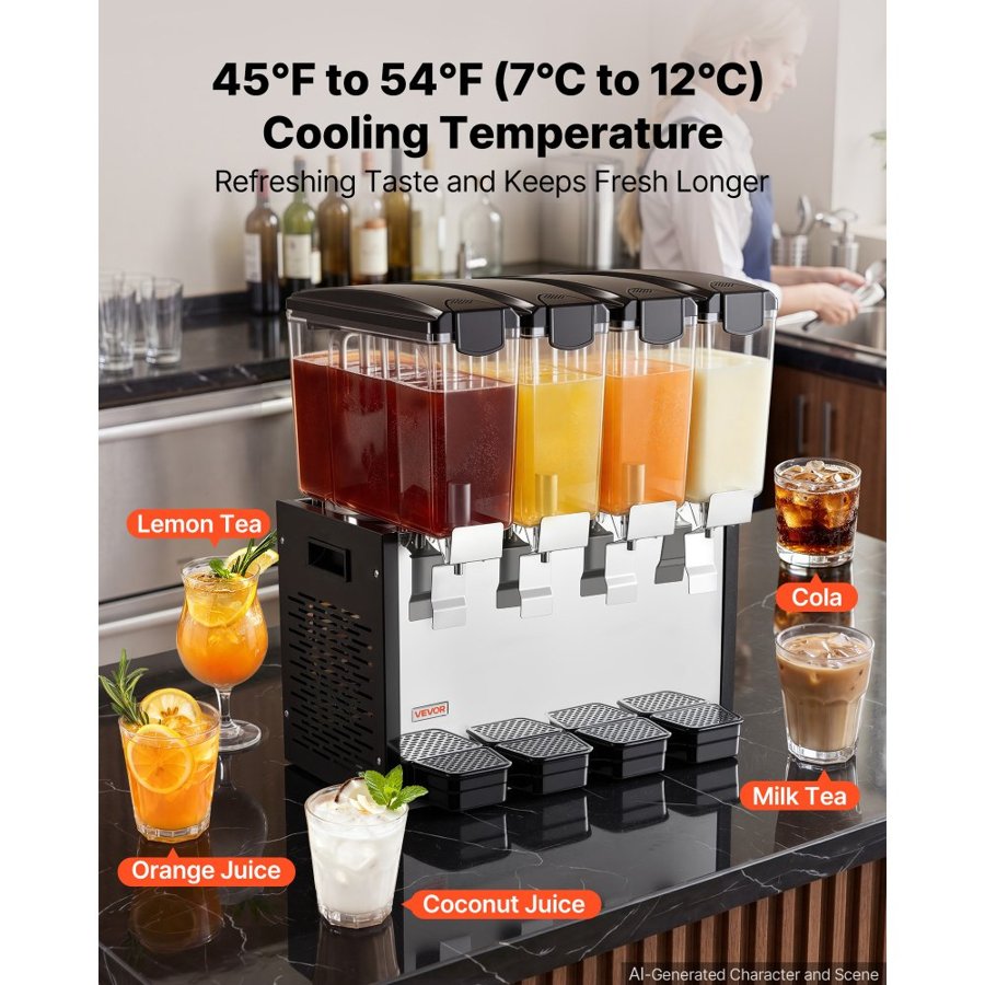 VEVOR Commercial Beverage Dispenser 4 Tanks 10 L / 10.6 QT Per Tank, Stainless Steel Juice Dispenser, Ice Tea Drink Machine with 7℃ to 12℃ Cooling Temperature, for Cold Drink Restaurant Bar Party