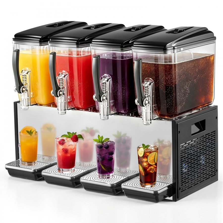 VEVOR Commercial Beverage Dispenser 4 Tanks 12 L / 12.7 QT Per Tank, Stainless Steel Juice Dispenser, Ice Tea Drink Machine with 7℃ to 12℃ Cooling Temperature, for Cold Drink Restaurant Bar Party