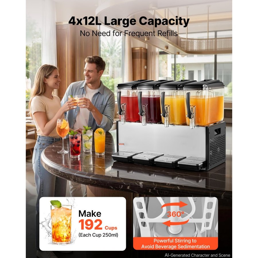 VEVOR Commercial Beverage Dispenser 4 Tanks 12 L / 12.7 QT Per Tank, Stainless Steel Juice Dispenser, Ice Tea Drink Machine with 7℃ to 12℃ Cooling Temperature, for Cold Drink Restaurant Bar Party