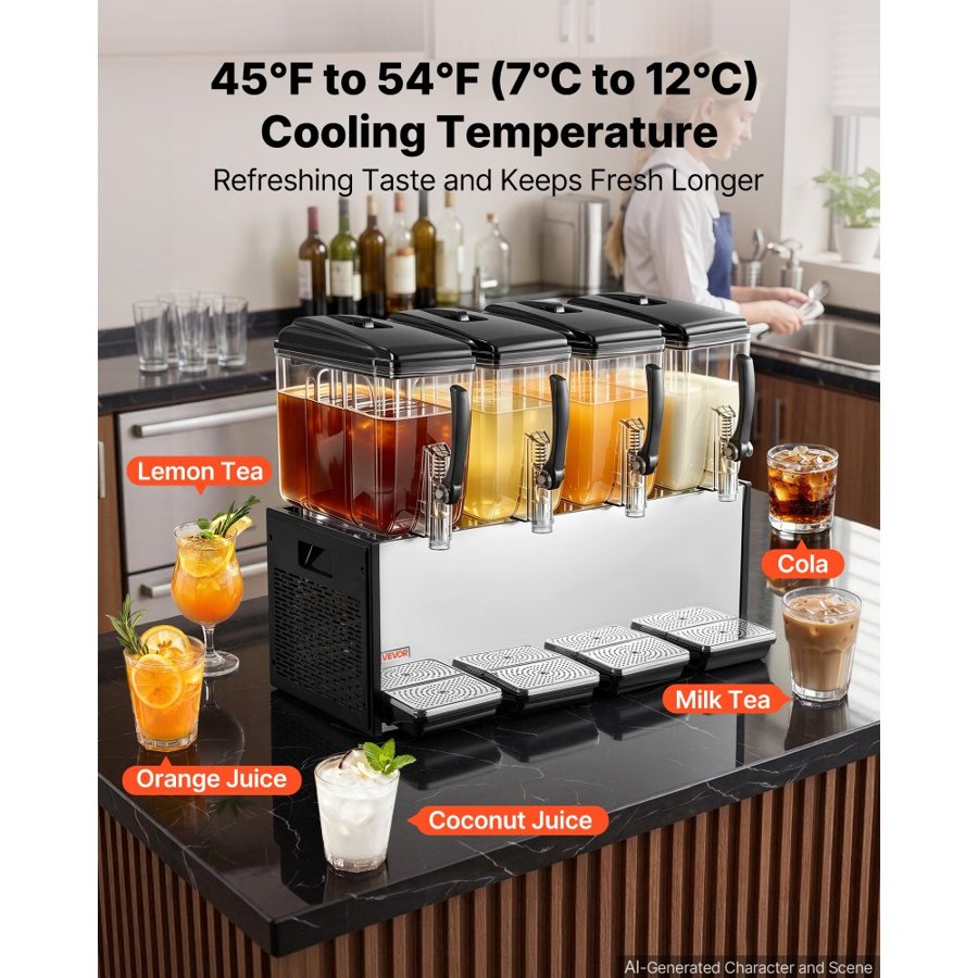 VEVOR Commercial Beverage Dispenser 4 Tanks 12 L / 12.7 QT Per Tank, Stainless Steel Juice Dispenser, Ice Tea Drink Machine with 7℃ to 12℃ Cooling Temperature, for Cold Drink Restaurant Bar Party