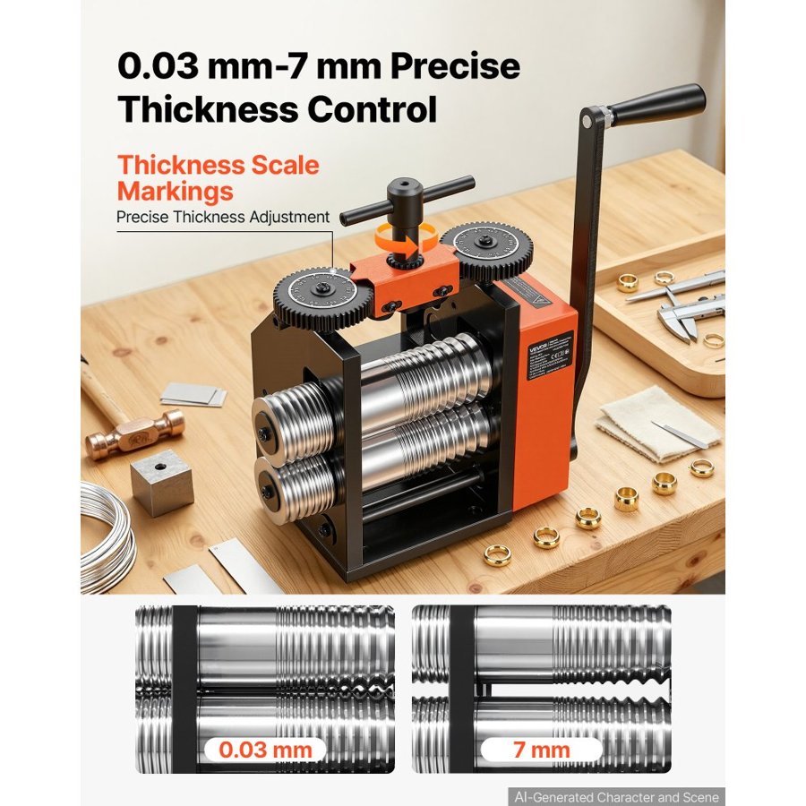 VEVOR Rolling Mill 3-in-1 Round Flat Square Pressing Roller Mill Machine, Manual Jewelry DIY Tool, 0.03-7 mm Adjustable Thickness, Stable & Even Rolling, for Ductile Metals, Gold, Silver, Copper